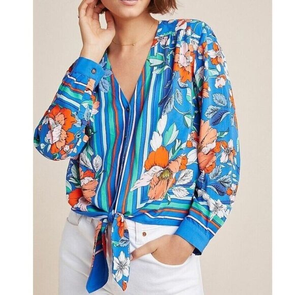 Anthropologie Tops - Anthropologie Top Womens 12 Blue V-Neck Tie Front Long Sleeve Floral Blouse
